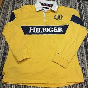 Tommy Hilfiger Men Yellow Long Sleeve Logo Polo Classic Fit Rugby Shirt Medium